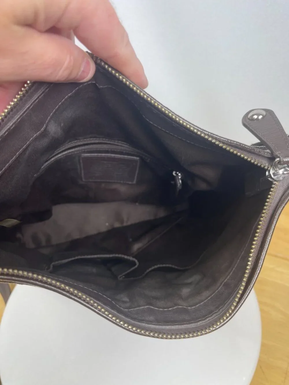Classic older-era Coach Signature hobo bag featuring jacquard canvas and patent